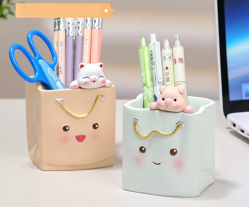 Cute Pen Holder Handmade Ornament High-end Creative Office Desk Decoration Pen Box Resin Figurine Office Gift