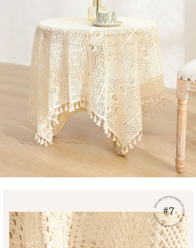 American Pastoral Cotton Woven Tablecloth Lace Hollow Crochet Tassel Dining Tablecloth French Cover Cloth Vintage Ins Tablecloth