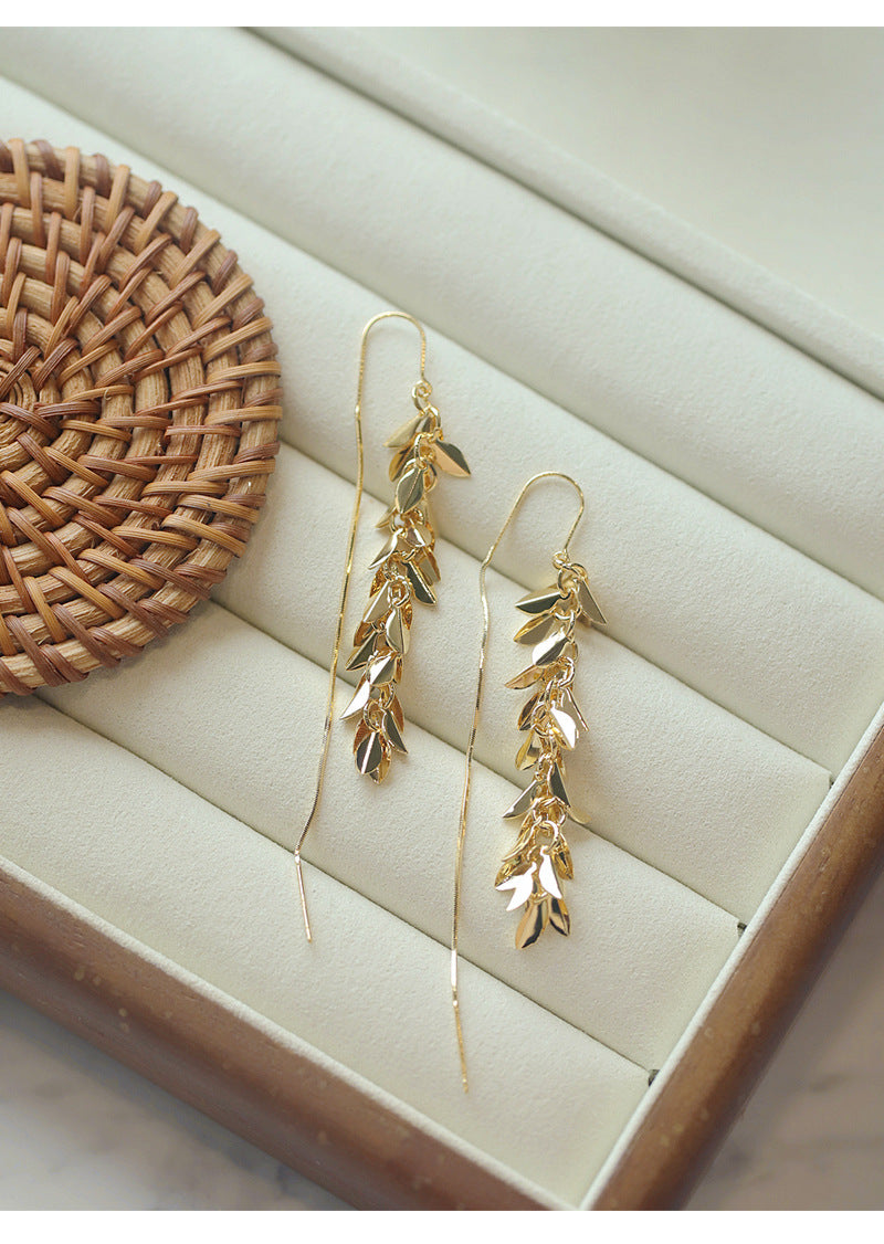 Unique Design Gold Wheat Ear Long Tassel Earrings Ear Thread Light Luxury Elegant Fashion Minimalist Style Earrings