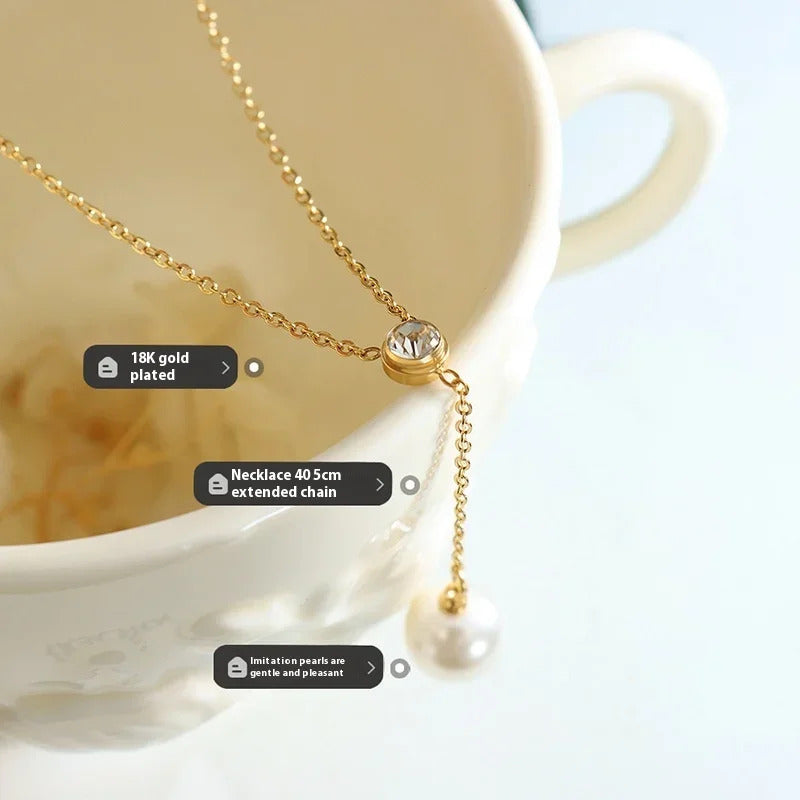Women's Korean Style Stainless Steel Necklace Pearl Tassel Pendant Chain Zircon Minimally Designed