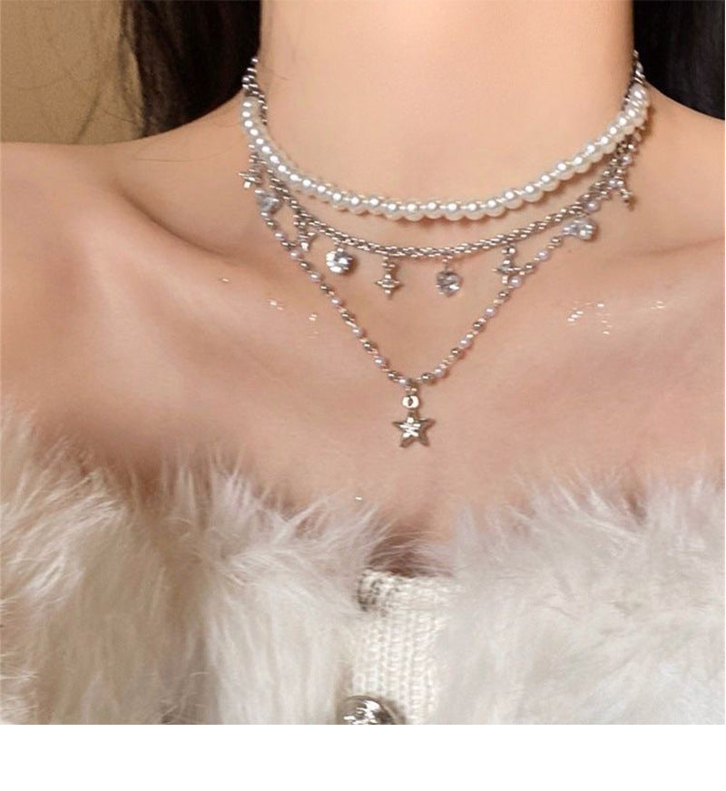 Iterative Five-pointed Star Pendant Pearl Necklace Cold Style Light Luxury Spice Clavicle Chain