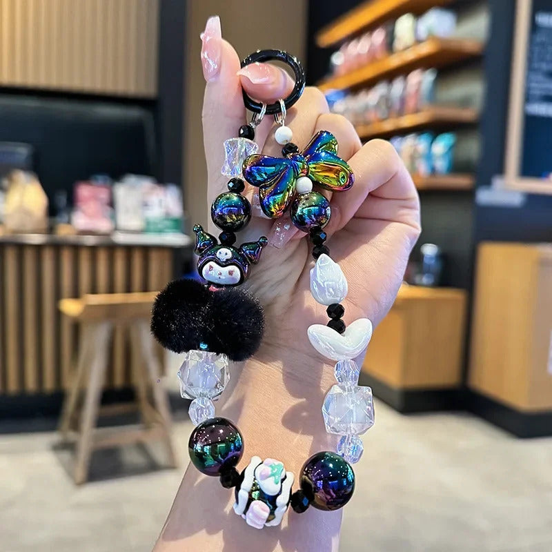 Sanrio Hello Kitty Melody Hairball Mobile Phone Chain Camera Pendant Kuromi Hand Painted Beaded Kawaii Bracelet Key Chain Gift