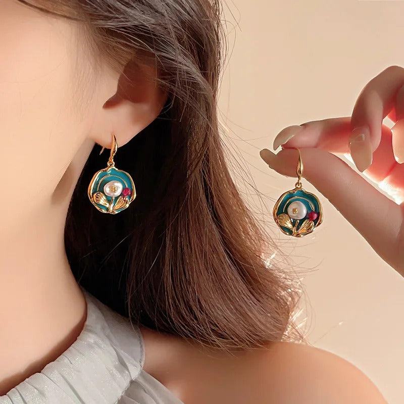 Vintage Oil Painting Style Flower Earrings Fashion Imitates Pearl Geometric Drop Earrings High-End Wedding Jewelry Accessories