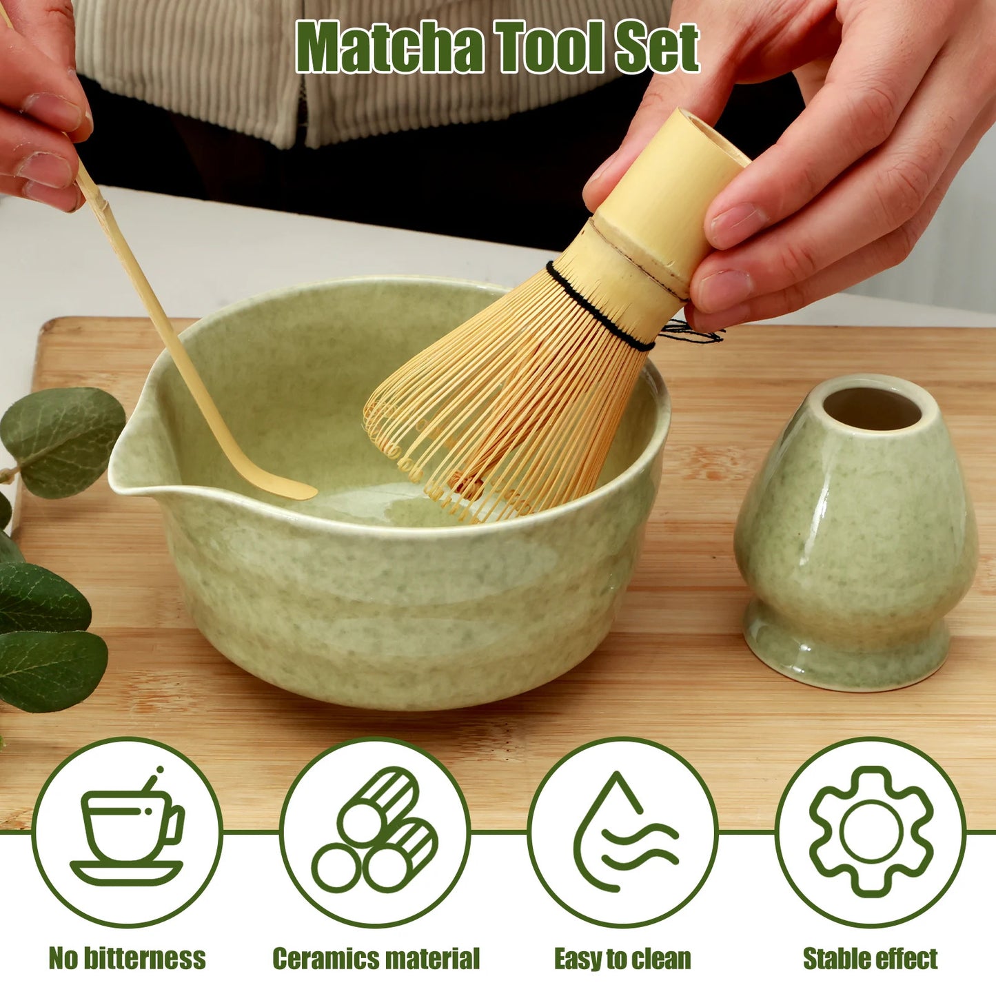 4Pcs Matcha Whisk Set Elegant Matcha Tea Set Reusable Matcha Making with Ceramic Matcha Bowl Matcha Whisk Holder for Tea Lovers