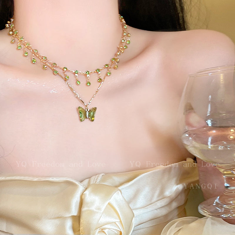 Blue Butterfly Double Tassel Necklace Summer Cool Necklace Accessories Female Niche Clavicle Chain