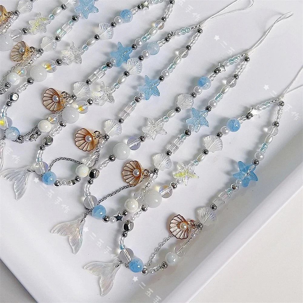 Dreamy Mermaid Sea Shell Phone Chain Lanyard Charm Strap Wrist Bead Cord Bracelet Keychain For iPhone Girl Hanging Rope Jewelry