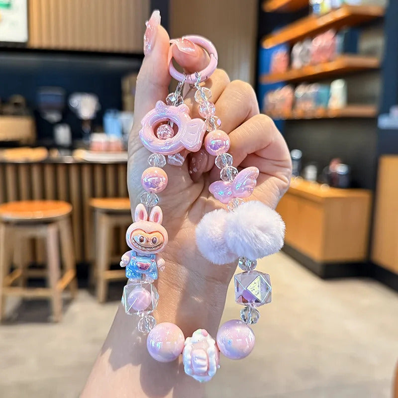 New Labubu wool ball bead Phone Chain Girls Kawaii Cartoon Backpack Pendant Cute Keychain Lanyard Bag Charm Mobile Case Gift