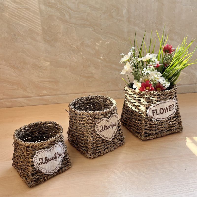 Handmade Straw Woven Flower Basket Woven Storage Living Room Decoration Ornaments Artificial Flower Arrangement Flower Basket