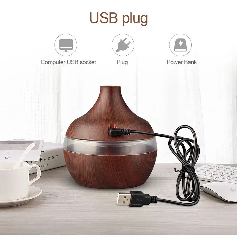 USB Cool Mist Sprayer Portable 300ml Electric Air Humidifier Aroma Oil Diffuser with Colorful Night Light for Home Car