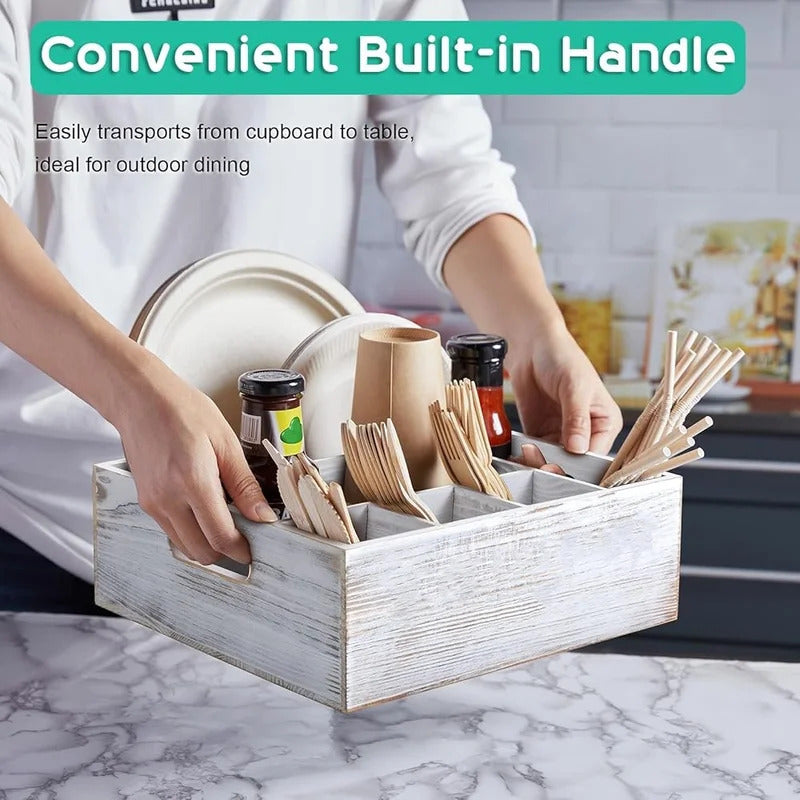 Rustic Utensil Holder Parties Kitchen Paper Plate Organizer Caddy with 6 Compartments Cups Forks Spoons and Napkins Storage