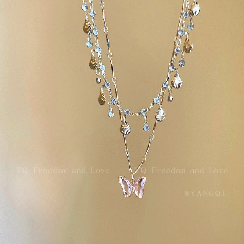 Blue Butterfly Double Tassel Necklace Summer Cool Necklace Accessories Female Niche Clavicle Chain