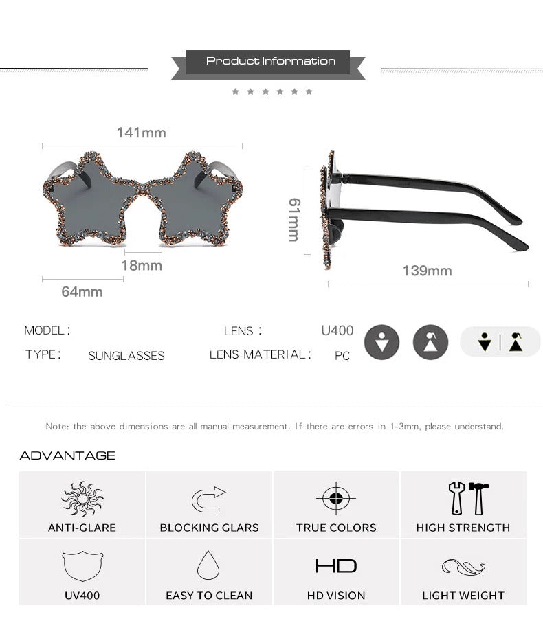Luxury Diamond Star Shape Sunglasses Women Trends Rhinestone Shiny Sun Glasses Ladies Punk Rimless Style Eyewear gafas de sol
