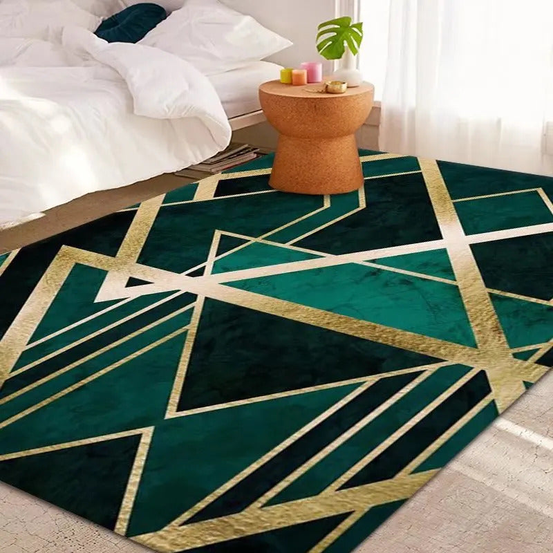 Luxury Modern Geometric Living Room Carpets Home Decoration Golden Green Rugs for Bedroom Washable Fluffy Large Area Mat Bedside