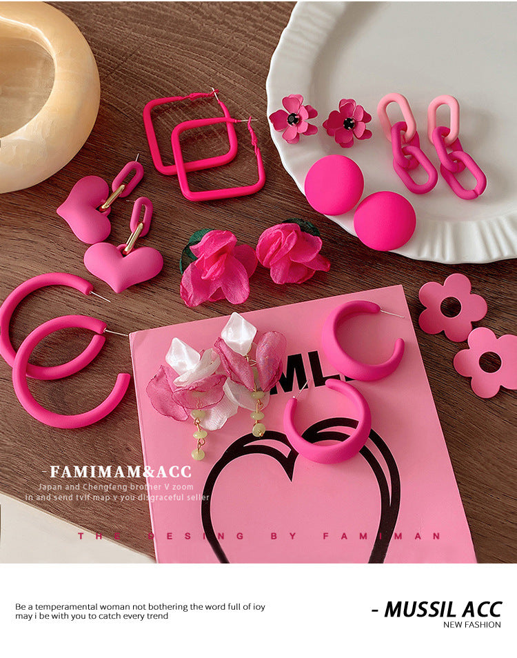 High-grade dopamine rose red earrings female niche design earrings net red pink earrings