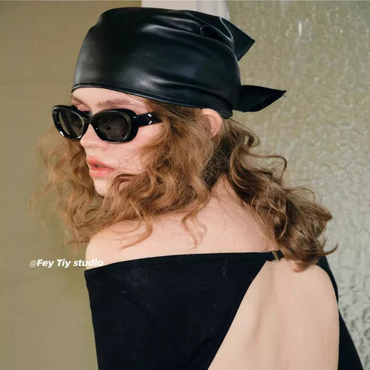 Retro Spicy PU Leather Headscarf Hat Women Summer Y2k Square Scarf Hip-hop Kerchief Korean Series Versatile Headband hair scarf