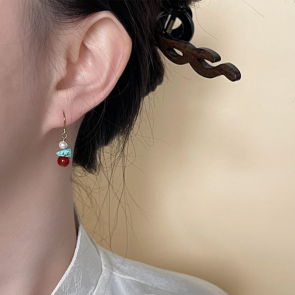 Natural Pearl Earrings National Trend New Chinese Style Agate Earrings Elegant Retro Artistic Tibetan Style Ear Jewelry