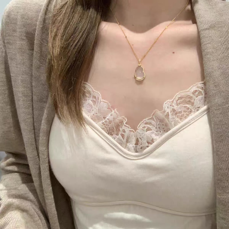 New Chinese Style Golden Branch Jade Leaf Ice Transparent Imitation Agate Gourd Necklace for Women Light Luxury National Trend Pendant Exquisite High-end Clavicle Chain