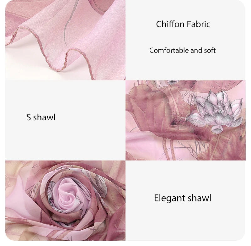 Lotus Print Chiffon Scarf Fashionable Lightweight Neck Scarf For Women Summer Neck Sun Protection Silk Scarf Shawl 150*50cm