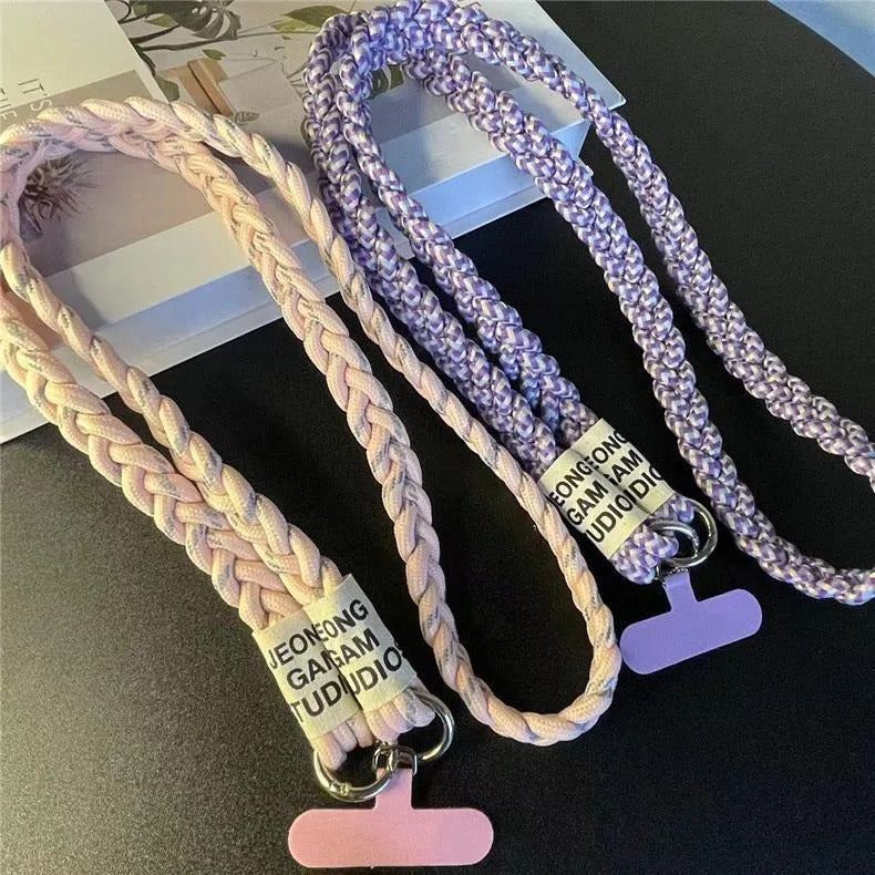 Durable Three-Strand Braided Mobile Phone Lanyard Long Crossbody Shoulder Strap with Ponytail Holder Pendant for Women