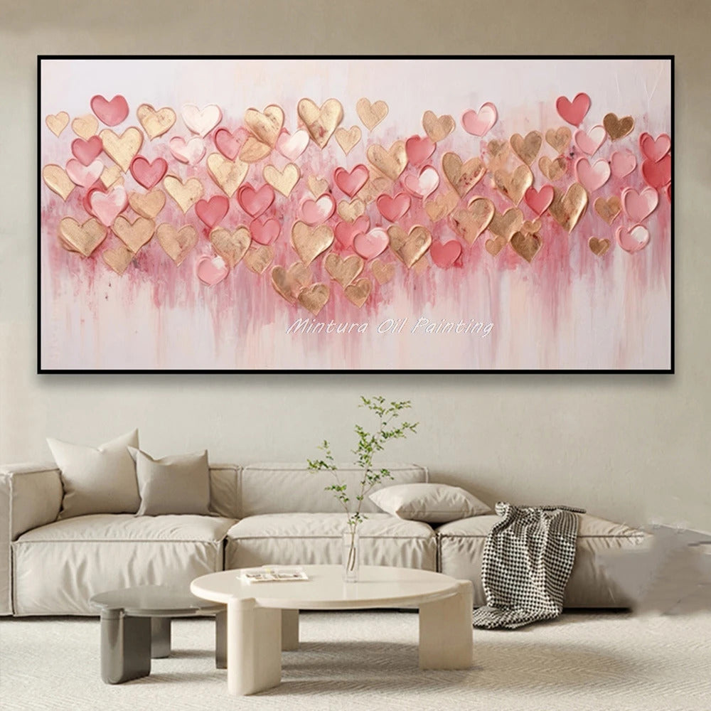 Mintura,100% Handmade Knife Graffiti Pink Red Heart Oil Painting on Canvas,Modern Abstract Wall Art Picture,Room Home Decoration