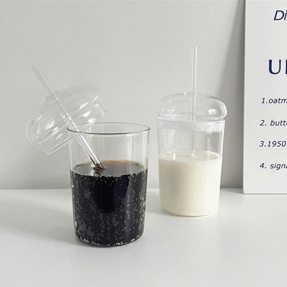 500ml Glass Coffee Cups With Lids Straws,Clear Smoothie Glasses,Round Dome Tumbler,Beer Mug,for Iced Tea Juice,Summer Drinkware