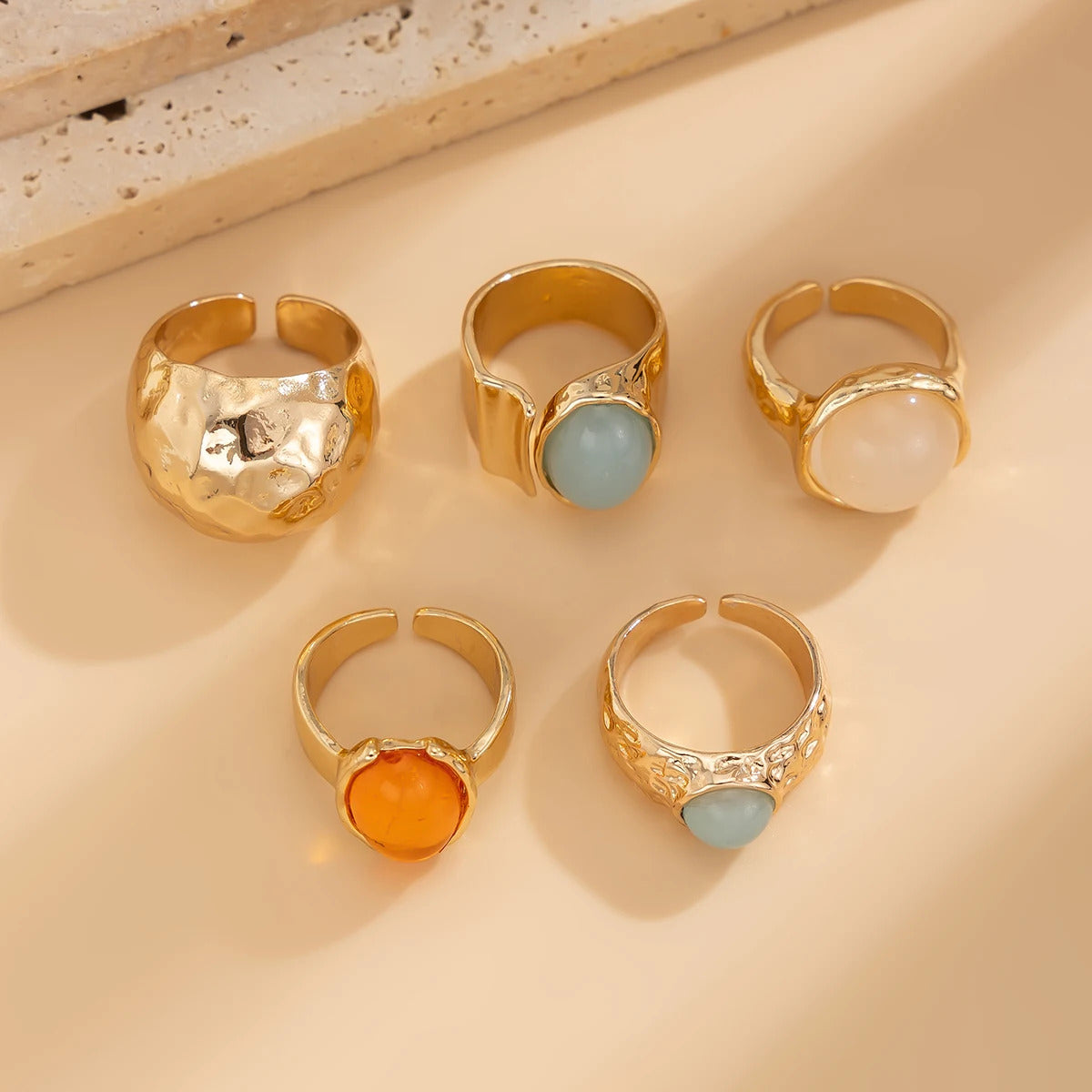 Ingemark 5Pcs/Set Retro Gold Color Irregular Metal Ring for Women Bohemian Open Adjustable Wide Ring Aesthetic Y2K Jewelry Gift
