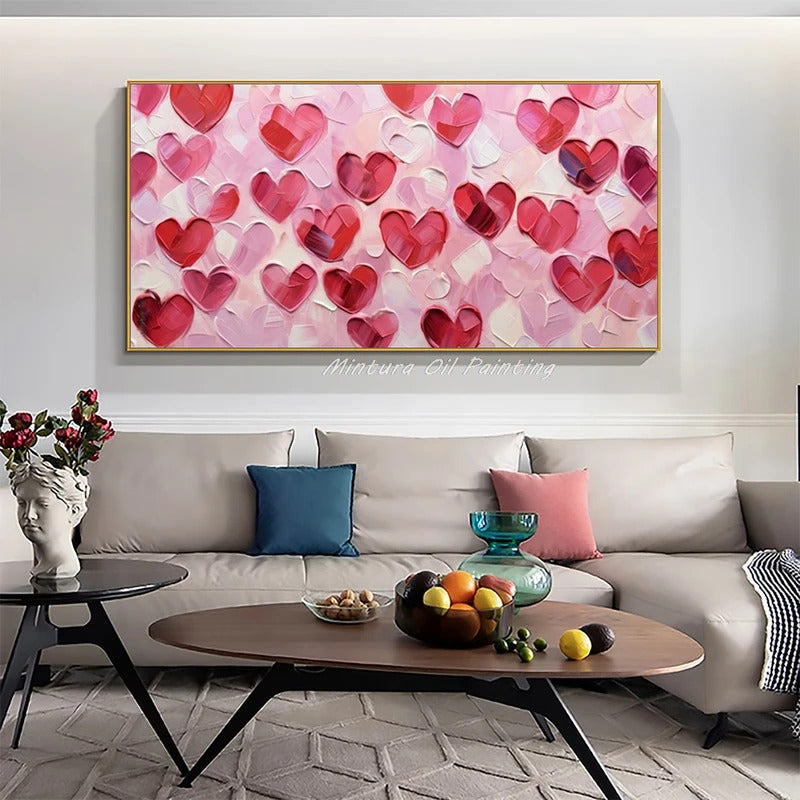 Mintura,100% Handmade Knife Graffiti Pink Red Heart Oil Painting on Canvas,Modern Abstract Wall Art Picture,Room Home Decoration