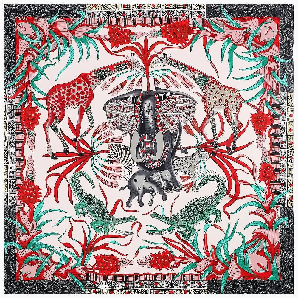 130x130CM Twill Silk Square Scarf Animals Print Women Scarves&Wrap Giraffe Neckerchief Spanish Large Bandana Neck Shawl Wraps