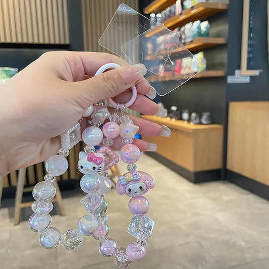 Sanrio Phone Chain Cinnamoroll Kuromi Hello Kitty Short Hanging Phone Chains Keychains Beaded Pendant Camera Chain Accessories