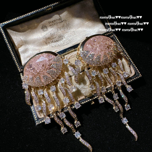 Sparkling PA Pink Cloud Pattern Jellyfish Tassel Gem Earrings Rich Woman's Happy Egg-Shaped Princess Pink Earrings