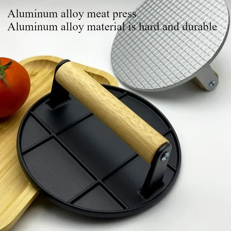 Cast Iron Burger Press Outdoor Non Stick Aluminum Alloy Rotundity Hand Meat Burger Press with Wooden Handle for Home Kitchen BBQ