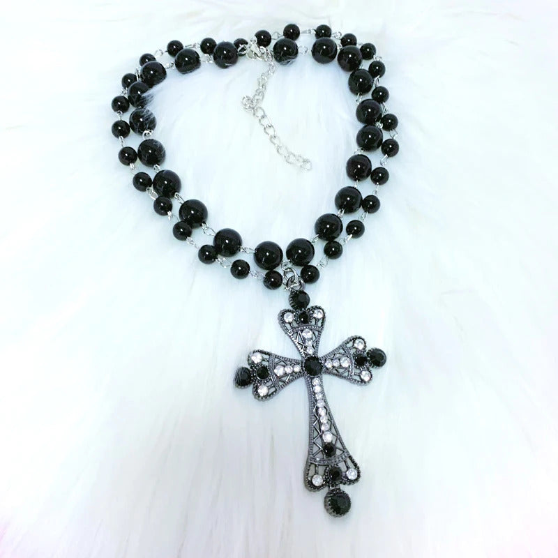 Y2K Jewelry Black Beads Crystal Cross Pendant Necklace Women Goth Accessories Charm Necklace Korean Fashion Choker Punk Grunge
