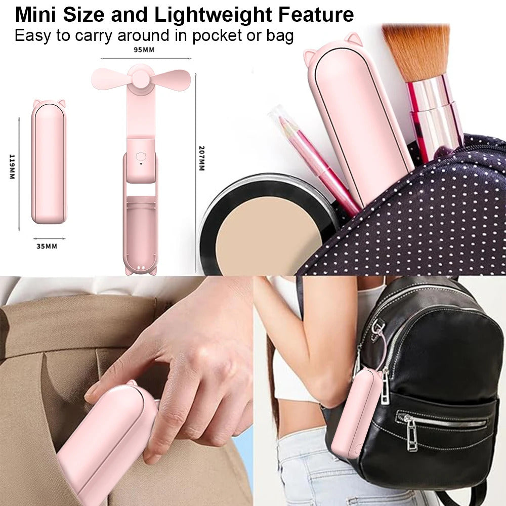 Portable Mini Fan 2000mAh USB Rechargeable 3 Speed Handheld Foldable Fan Hand Held Small Pocket Travel Fan with Handy Power Bank