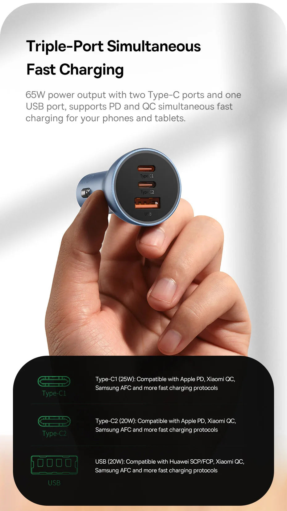 Baseus 65W Car Charger USB Type C Quick Charge 4.0 QC 3.0 PD Fast Charging For iPhone 13 Xiaomi Samsung Huawei USB C Car Charger
