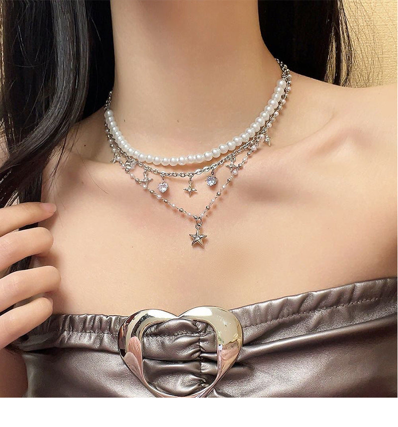 Iterative Five-pointed Star Pendant Pearl Necklace Cold Style Light Luxury Spice Clavicle Chain