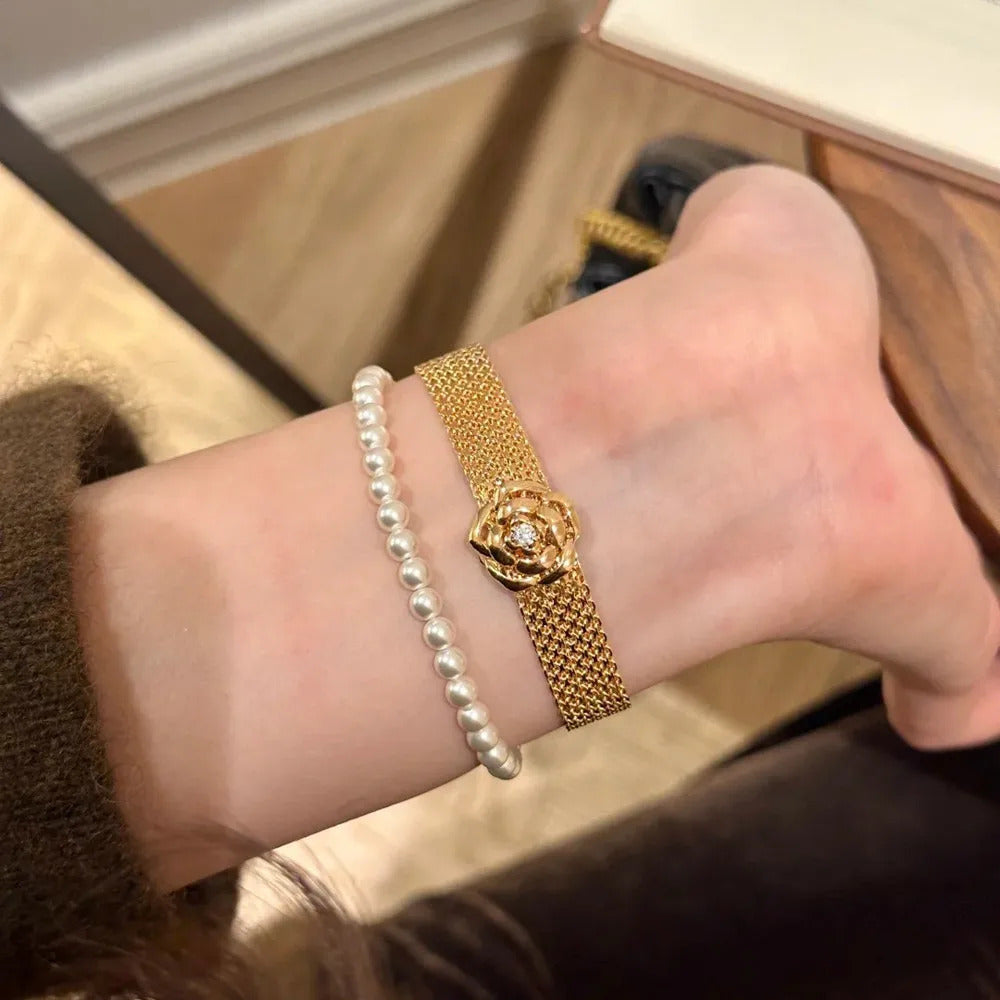 Luxury Camellia Flower Bangle Bracelets Watch Bands Woman 18K Rose Gold Silver High Grade Fine Jewelry Birthday Gifts Christmas