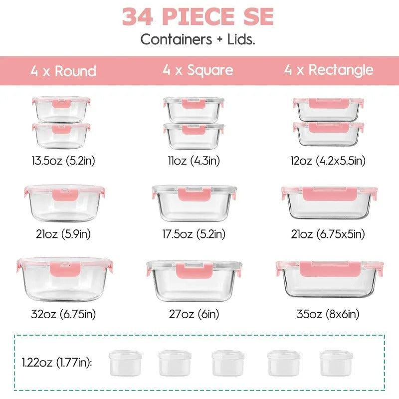 34pcs Glass Food Storage Containers with Lids Set, Airtight Glass Meal Prep Containers (17 Containers & 17 Lids), Leak Proof