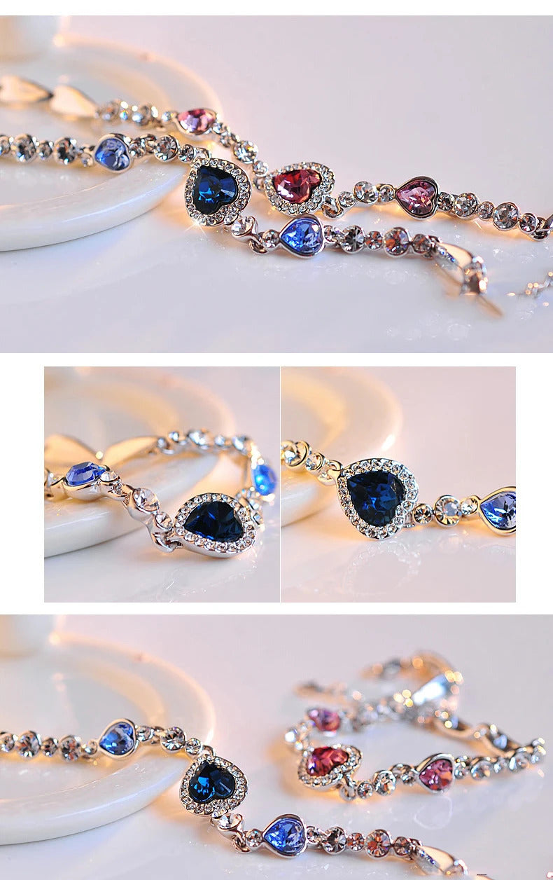 New Women Luxury Lucky Bracelet for Female Blue Crystal Heart Charm Bracelet Women Bridal Wedding Engagement Fine Jewelry Gift