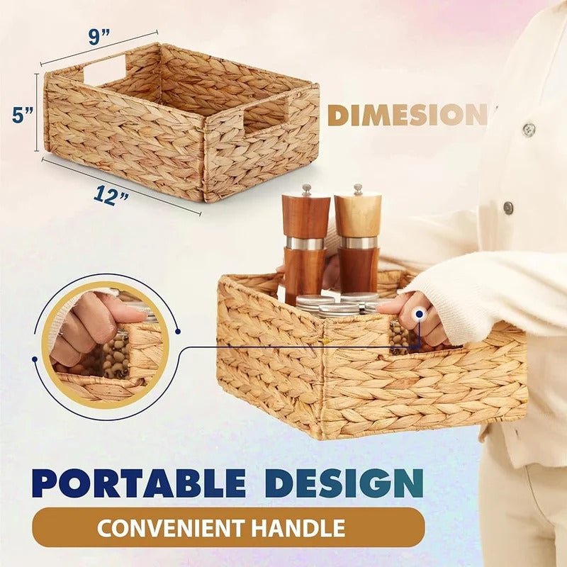 6 Piece Woven Water Hyacinth Storage Baskets Handcrafted Organizers with Handles Home Office Kitchen Living Room