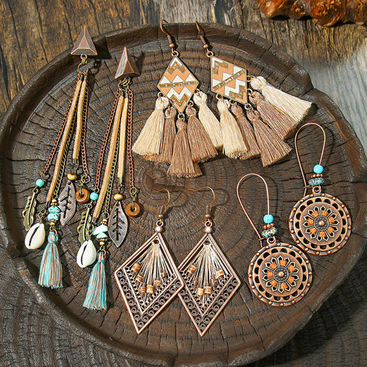 Earrings Bohemian Hair Long Tassel Shell Horn Sunflower Earrings