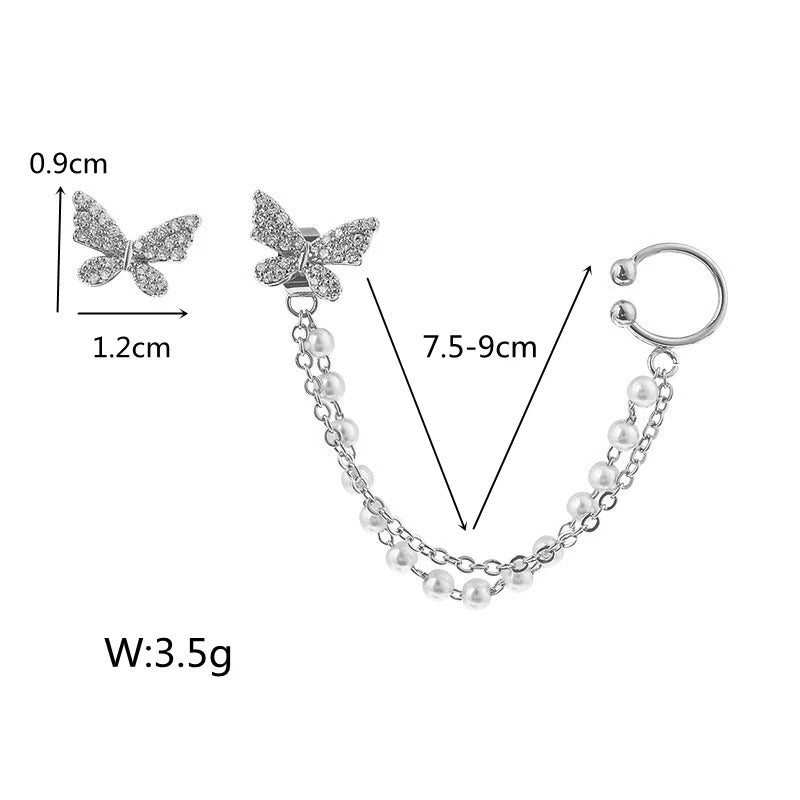 Rhinestone Butterfly Stud Earrings For Women Girls Korean Cute Fashion Metal Cuff Chain Tassel Boucle D'oreille Jewelry