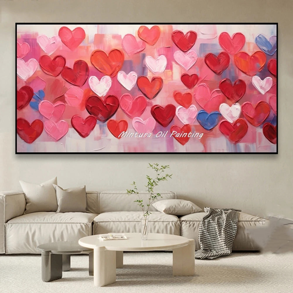 Mintura,100% Handmade Knife Graffiti Pink Red Heart Oil Painting on Canvas,Modern Abstract Wall Art Picture,Room Home Decoration