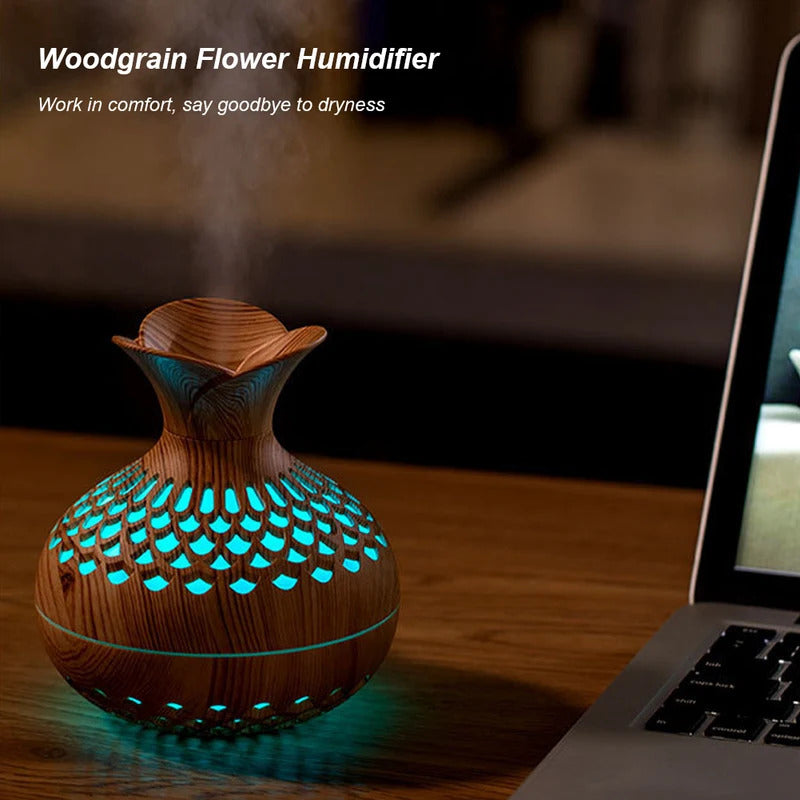 300ML Wood Grain Flower Humidifier Silent Aromatherapy Diffuser USB Rechargeable Mini Air Humidifier with Colorful Night Light