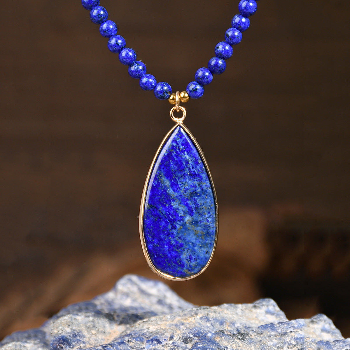 Lapis Lazuli Beaded Necklace for Women, Light Luxury High-End Water Drop Pendant Necklace Jewelry