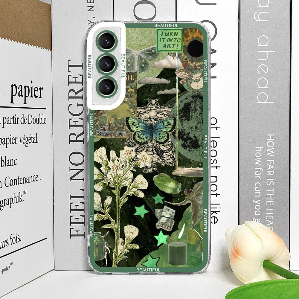 Cool Green Retro Flower Stickers Phone Case for Samsung Galaxy A55 A54 A53 A52 A51 A70 A22 A13 4G 5G Soft TPU Clear Cover Fundas