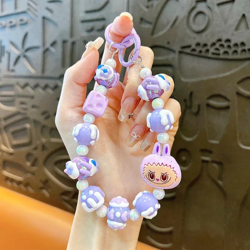 New Labubu wool ball bead Phone Chain Girls Kawaii Cartoon Backpack Pendant Cute Keychain Lanyard Bag Charm Mobile Case Gift