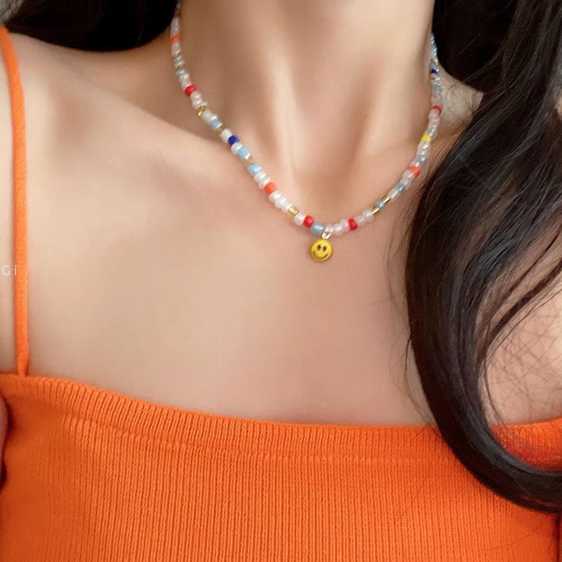 Candy-Colored Dopamine Necklace for Women All-Match Special-Interest Design Beaded Clavicle Chain Sweet Cool Hot Girl Necklace Online Influencer Jewelry