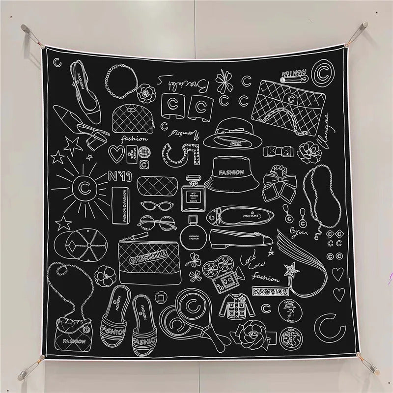 Fashion Graffiti Neckerchief Luxury Square Scarf for Women Silk Shawl Satin Hijab Wraps Hair Bands Headband Bandana Ribbon