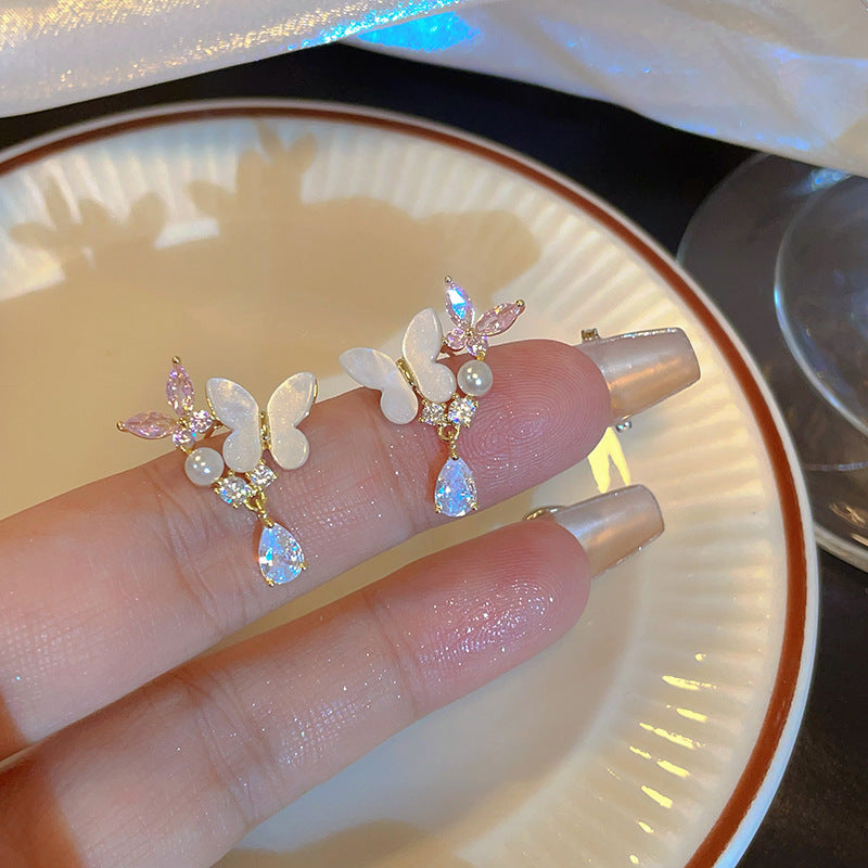 Silver Needle Inlaid with Diamonds and Pearls Flower Tassel Earrings Niche Style Atmosphere Earrings Fashionable Light Luxury High-end Earrings