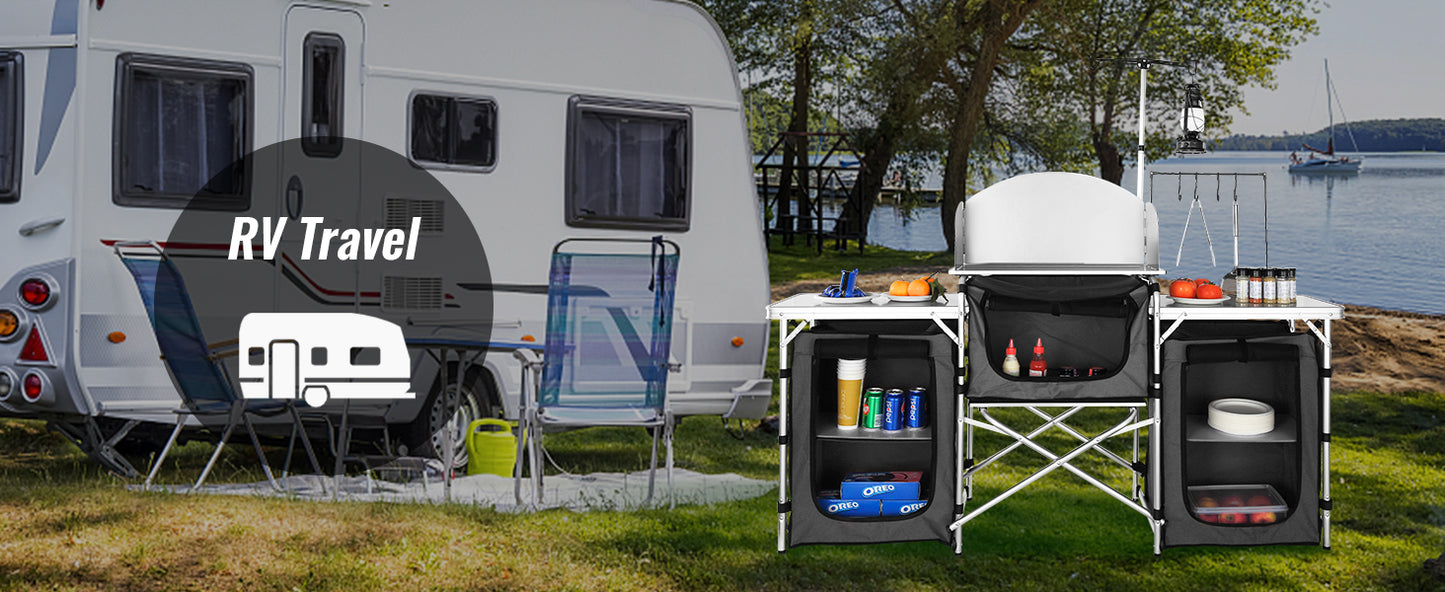 SucceBuy Camping Outdoor Kitchen Table Cabinet Foldable Folding Cooking Storage Rack X-Shaped Aluminum Alloy Bracket for BBQ